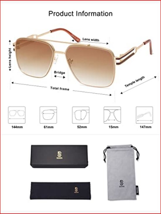 Retro Oversized Square Sunglasses with Double Bridge Metal Frame, UV400